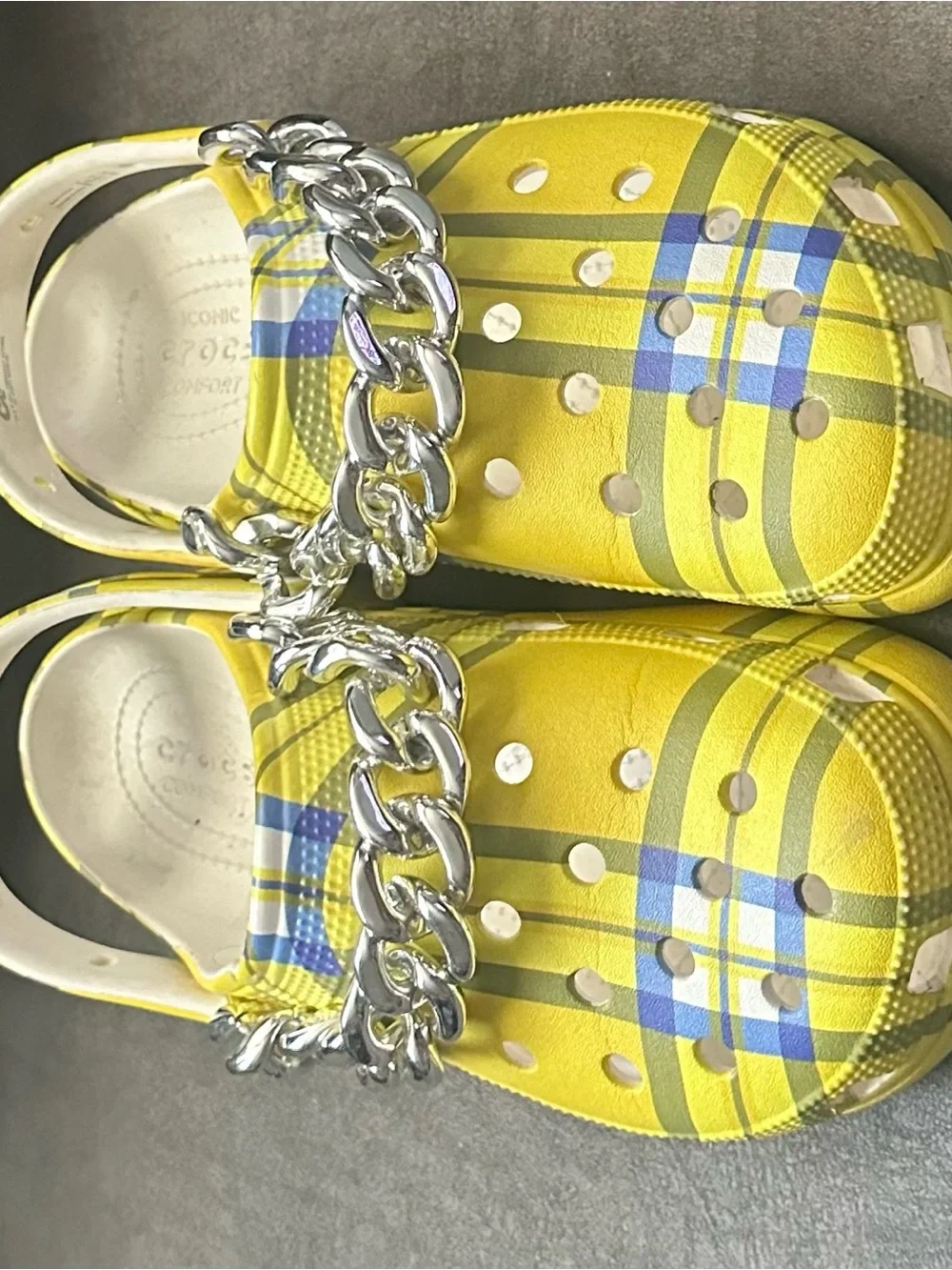 CROCS Yellow Plaid Clogs with Silver Chain Accent
